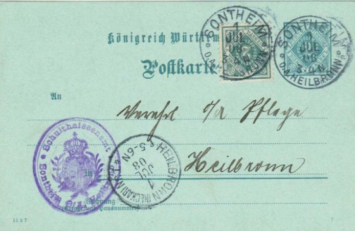 Postkarte (Bezirksverkehr) von Sontheim nach Heilbronn, Zusatzfrankatur Postkarte (Bezirksverkehr) von Sontheim nach Heilbronn, Zusatzfrankatur